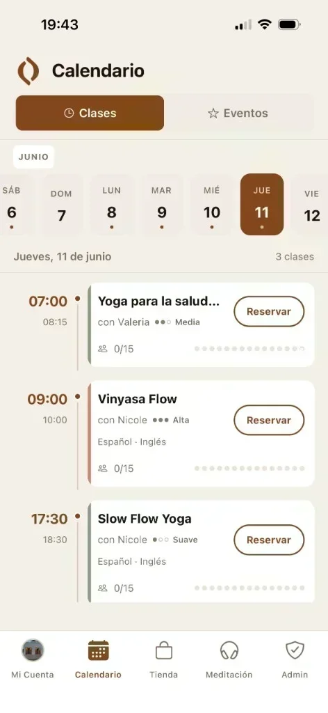 Calendrier des cours dans l’app YogaBond