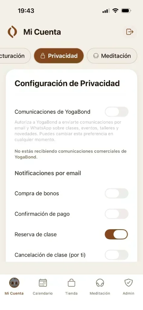 Préférences de compte dans l’app YogaBond