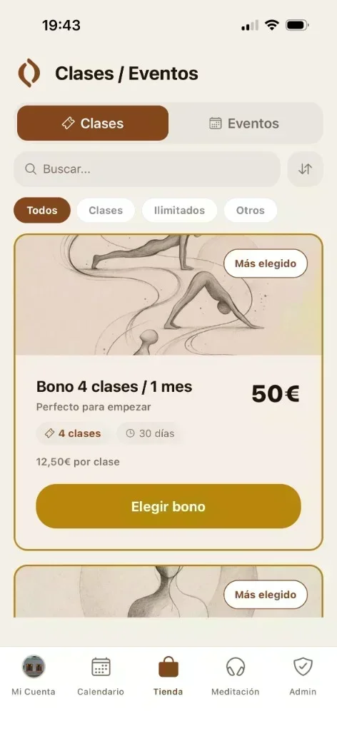 Boutique de forfaits dans l’app YogaBond