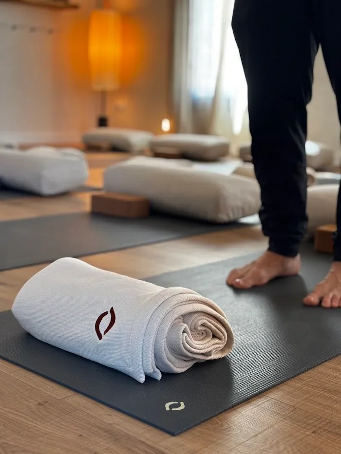 Rolled blanket detail with YogaBond logo