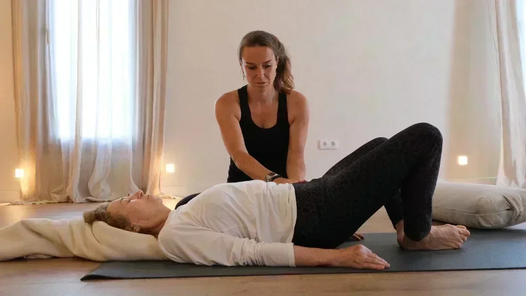 Nicole Kneepkens acompañando una sesión de yoga terapéutico